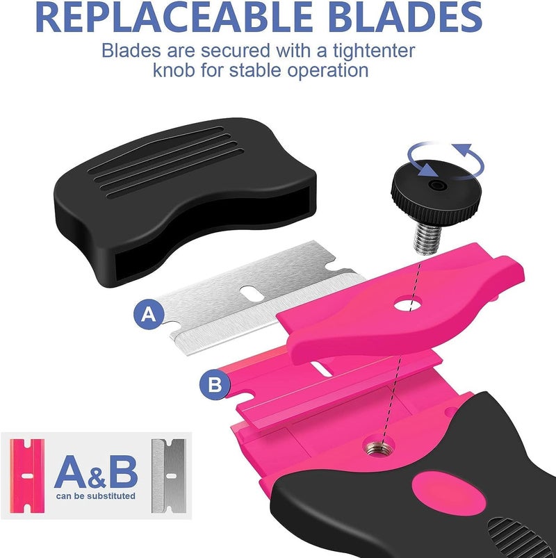 DEKEones Razor Blade Scraper, 2 Pack Double Edged Razor blade Scraper Tool with 30 Pcs Razor Blades, Glass Scraper for Windows, Decals, Tint, Stickers, Labels, Caulk, Adhesive（Pink） - Image 2